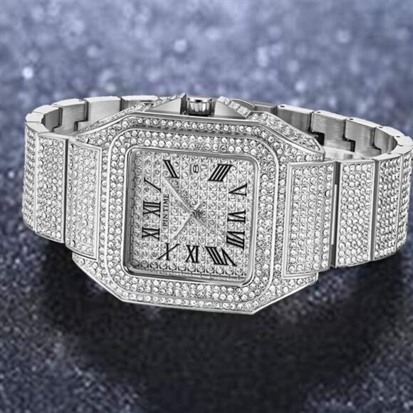 Hip Hop Men's Crystal Watch Bling Bling Watch Rectangle Case Stainless Steel - Picture 5 of 7